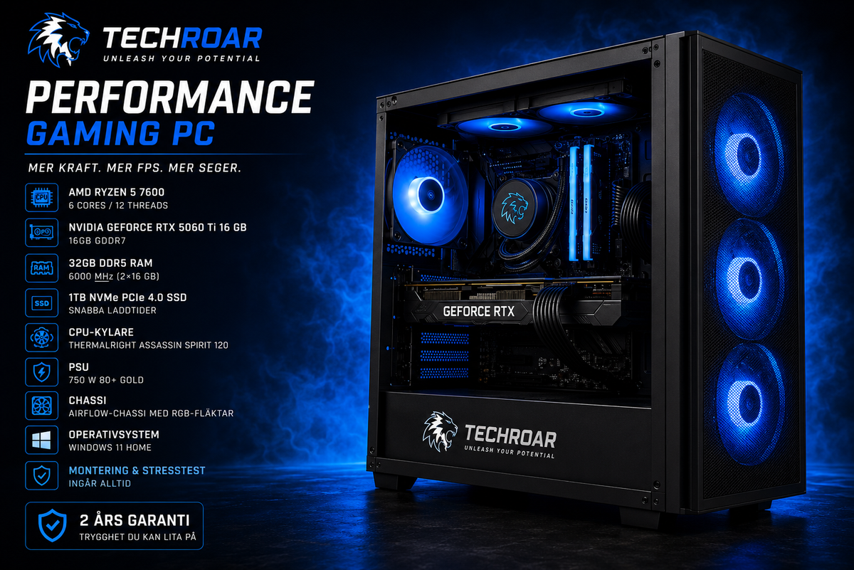 TechRoar Performance – Gaming-PC | RTX 5060 Ti 16GB, Ryzen 5 7600, 32GB DDR5